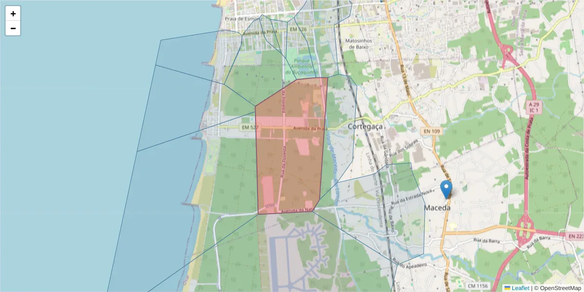 Mapa detalhado do código postal 3885-202 com limites, códigos postais vizinhos e agências dos correios