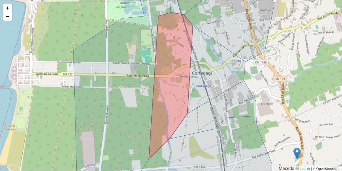 Mapa detalhado do código postal 3885-211 com limites, códigos postais vizinhos e agências dos correios