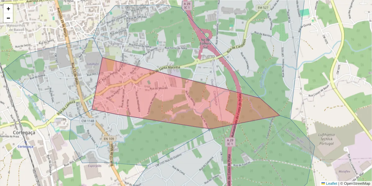 Mapa detalhado do código postal 3885-261 com limites, códigos postais vizinhos e agências dos correios