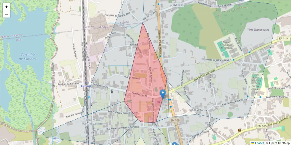 Mapa detalhado do código postal 3885-384 com limites, códigos postais vizinhos e agências dos correios