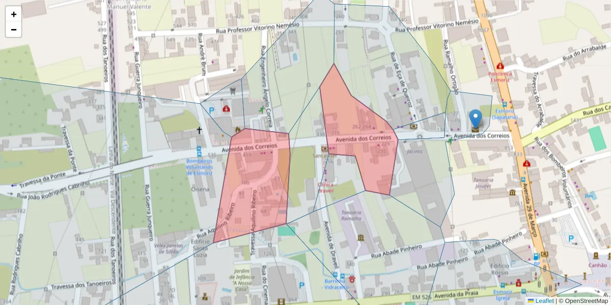 Mapa detalhado do código postal 3885-410 com limites, códigos postais vizinhos e agências dos correios