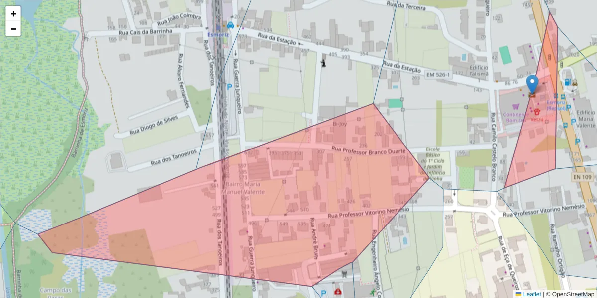 Mapa detalhado do código postal 3885-455 com limites, códigos postais vizinhos e agências dos correios