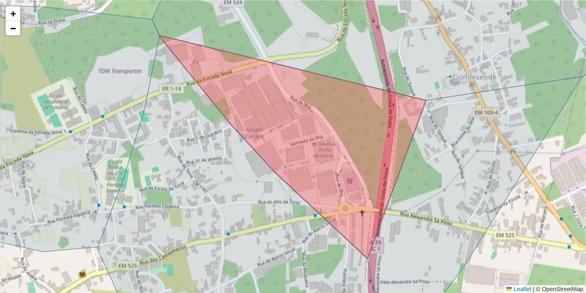 Mapa detalhado do código postal 3885-504 com limites, códigos postais vizinhos e agências dos correios