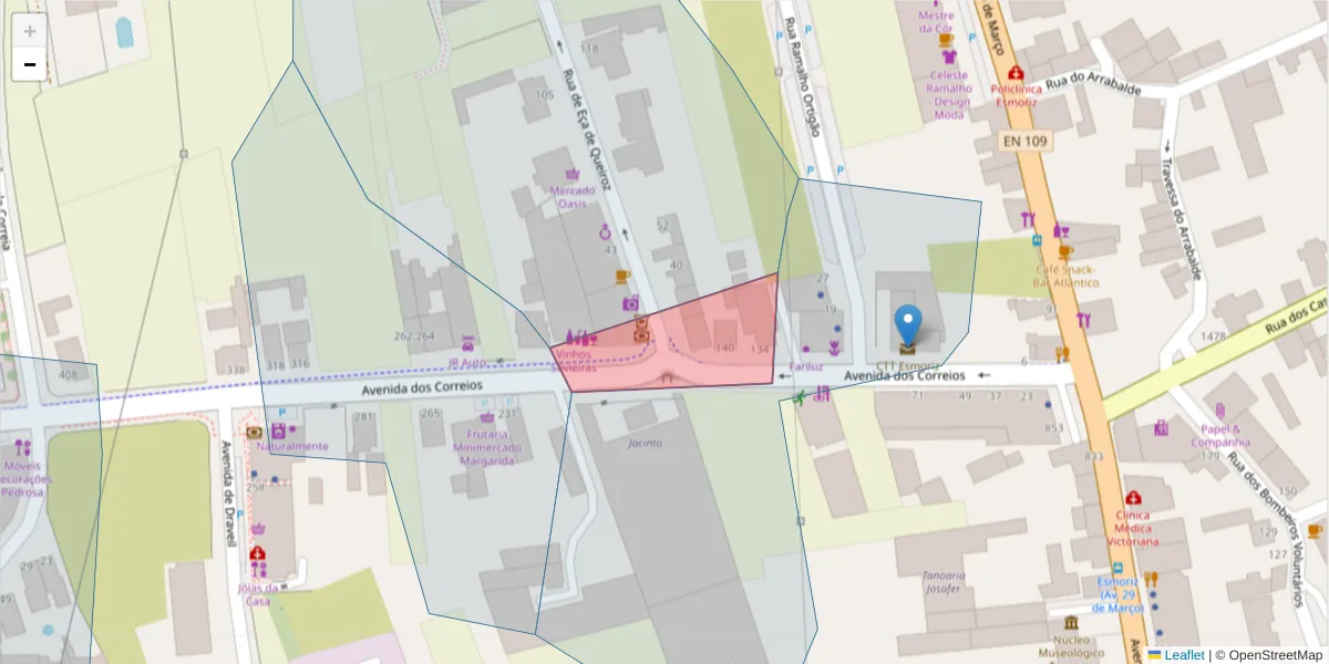 Mapa detalhado do código postal 3885-505 com limites, códigos postais vizinhos e agências dos correios
