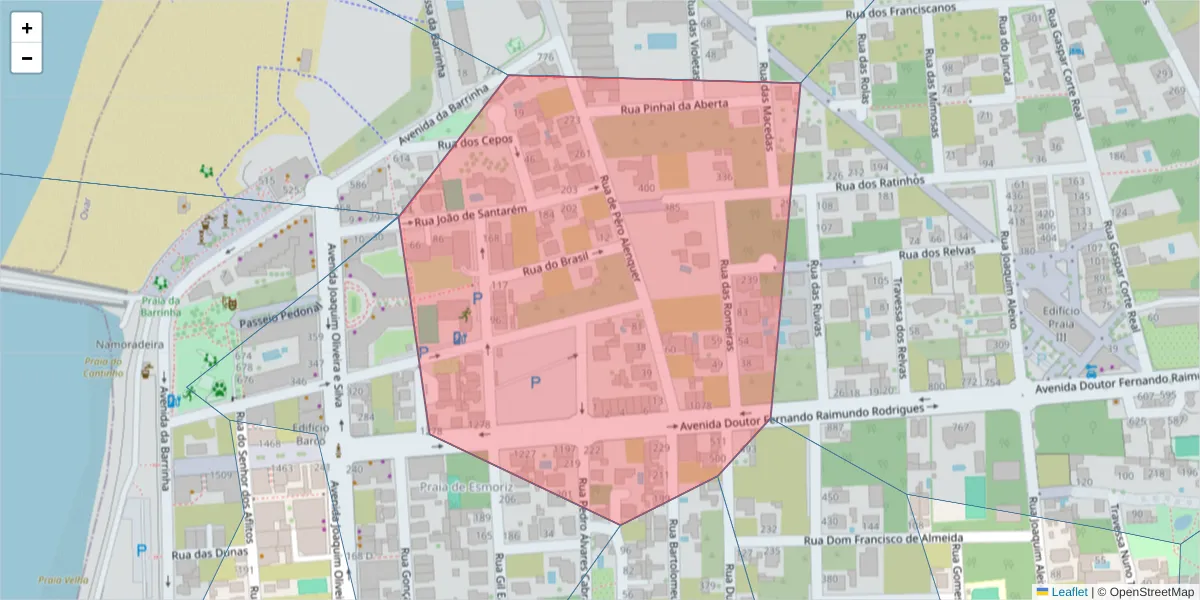 Mapa detalhado do código postal 3885-515 com limites, códigos postais vizinhos e agências dos correios