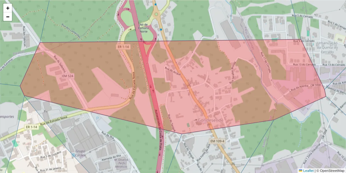 Mapa detalhado do código postal 3885-522 com limites, códigos postais vizinhos e agências dos correios