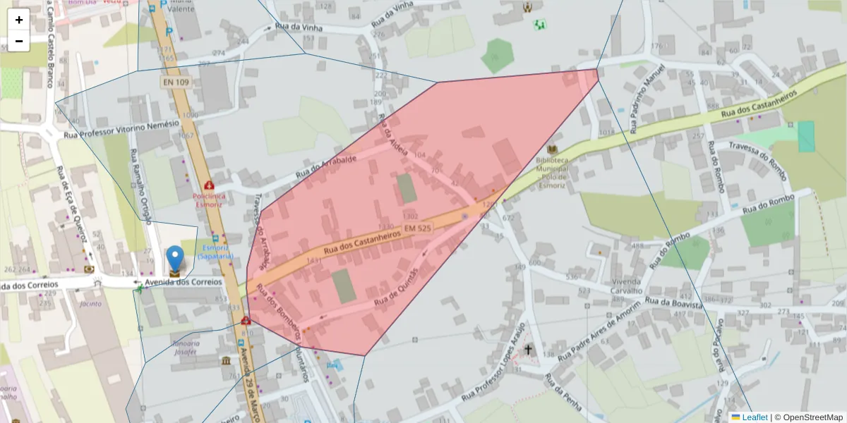 Mapa detalhado do código postal 3885-551 com limites, códigos postais vizinhos e agências dos correios