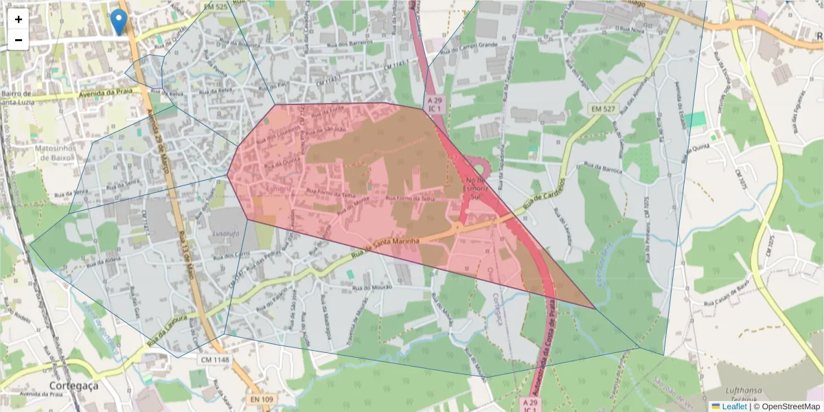 Mapa detalhado do código postal 3885-579 com limites, códigos postais vizinhos e agências dos correios