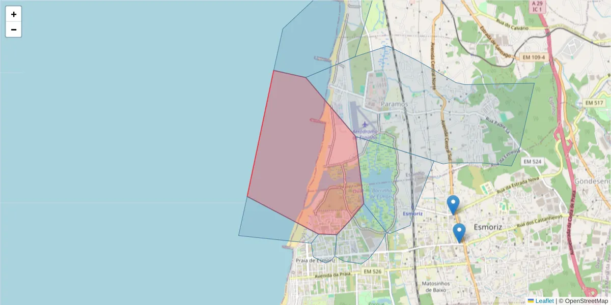 Mapa detalhado do código postal 3885-607 com limites, códigos postais vizinhos e agências dos correios