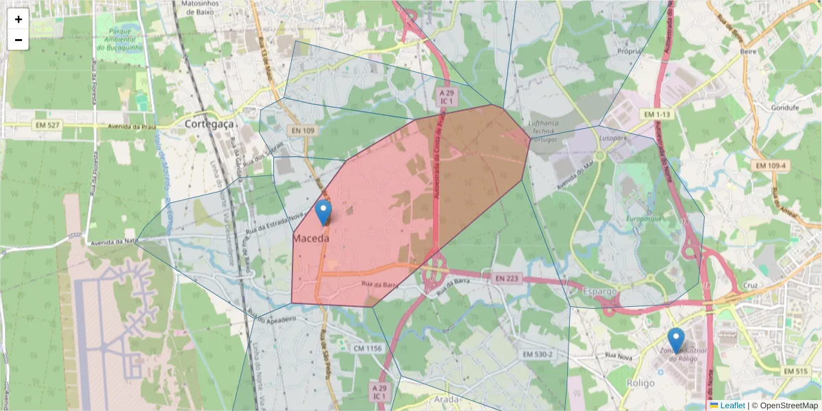 Mapa detalhado do código postal 3885-708 com limites, códigos postais vizinhos e agências dos correios