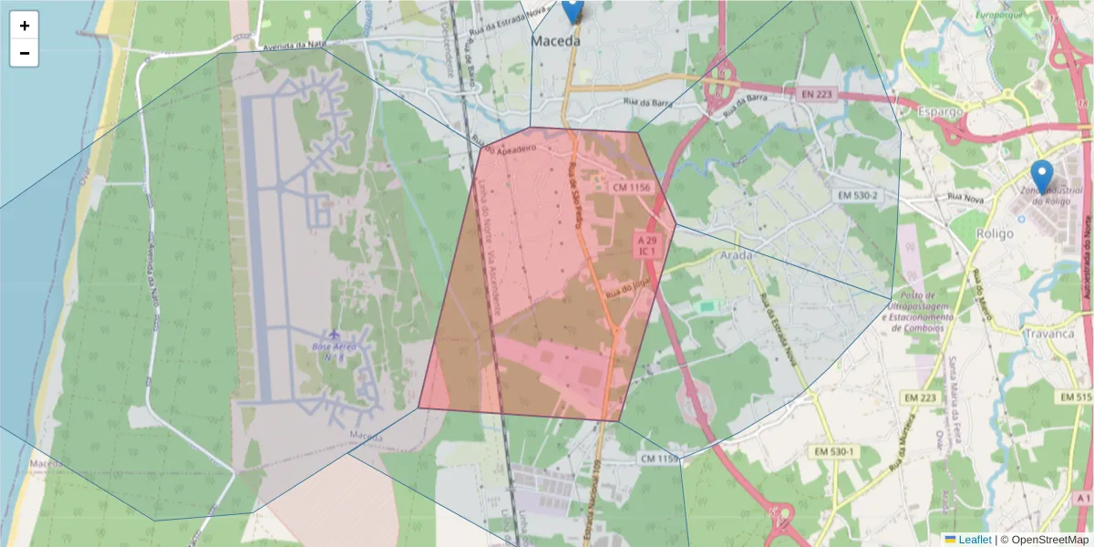 Mapa detalhado do código postal 3885-749 com limites, códigos postais vizinhos e agências dos correios