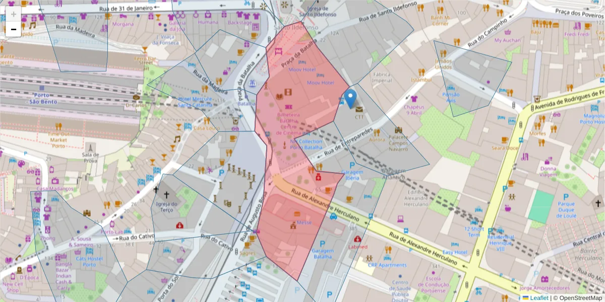 Mapa detalhado do código postal 4000-101 com limites, códigos postais vizinhos e agências dos correios