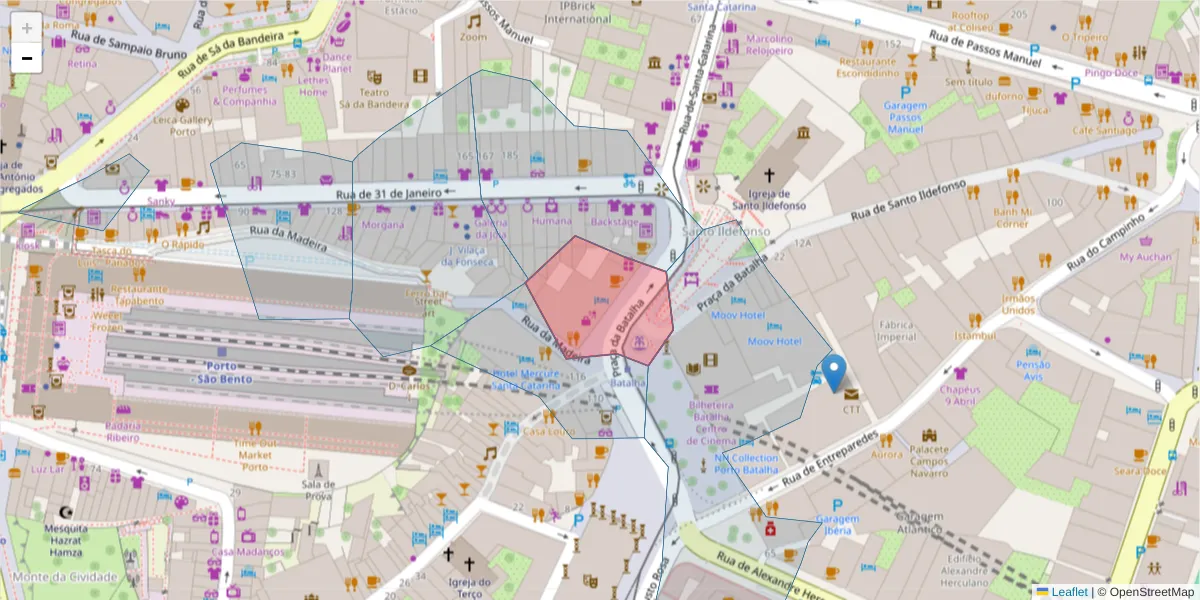 Mapa detalhado do código postal 4000-102 com limites, códigos postais vizinhos e agências dos correios