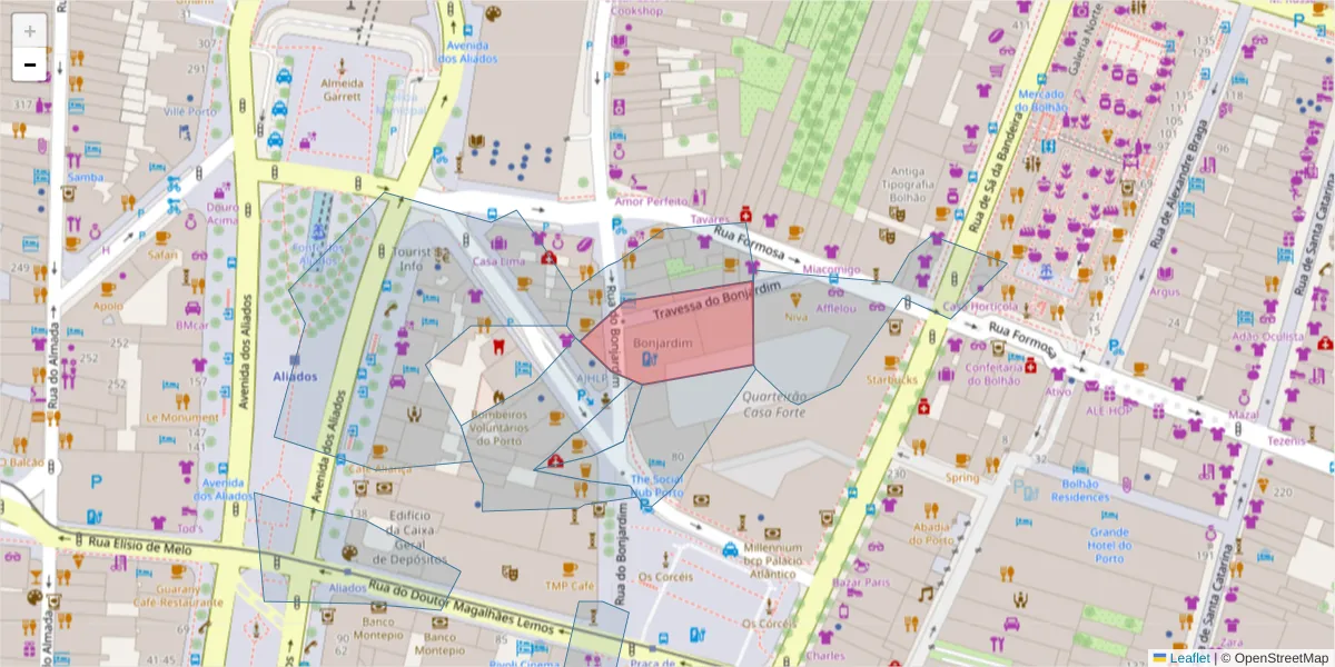 Mapa detalhado do código postal 4000-115 com limites, códigos postais vizinhos e agências dos correios