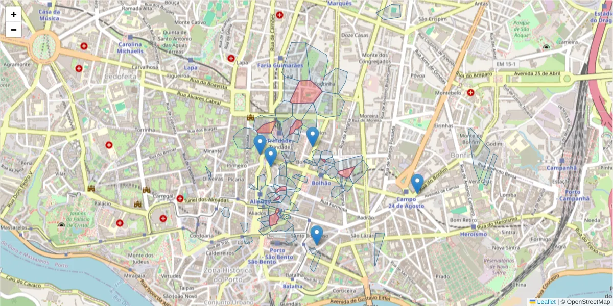 Mapa detalhado do código postal 4000-124 com limites, códigos postais vizinhos e agências dos correios