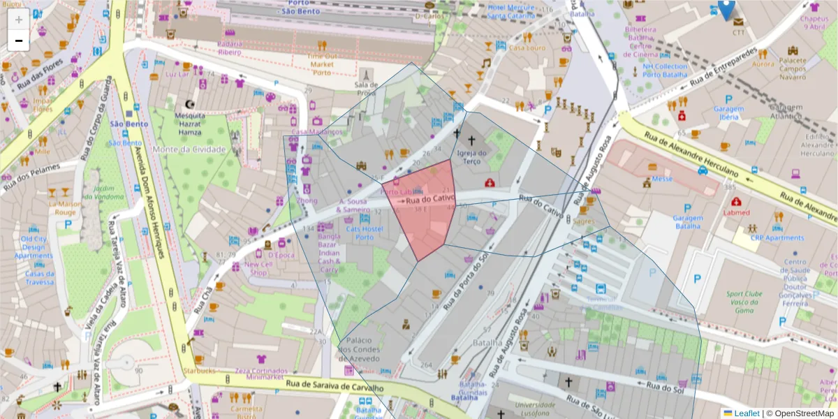 Mapa detalhado do código postal 4000-162 com limites, códigos postais vizinhos e agências dos correios