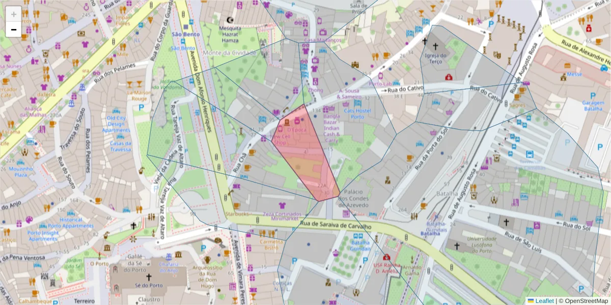 Mapa detalhado do código postal 4000-165 com limites, códigos postais vizinhos e agências dos correios