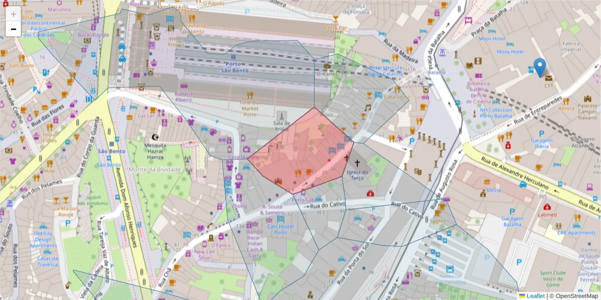 Mapa detalhado do código postal 4000-169 com limites, códigos postais vizinhos e agências dos correios