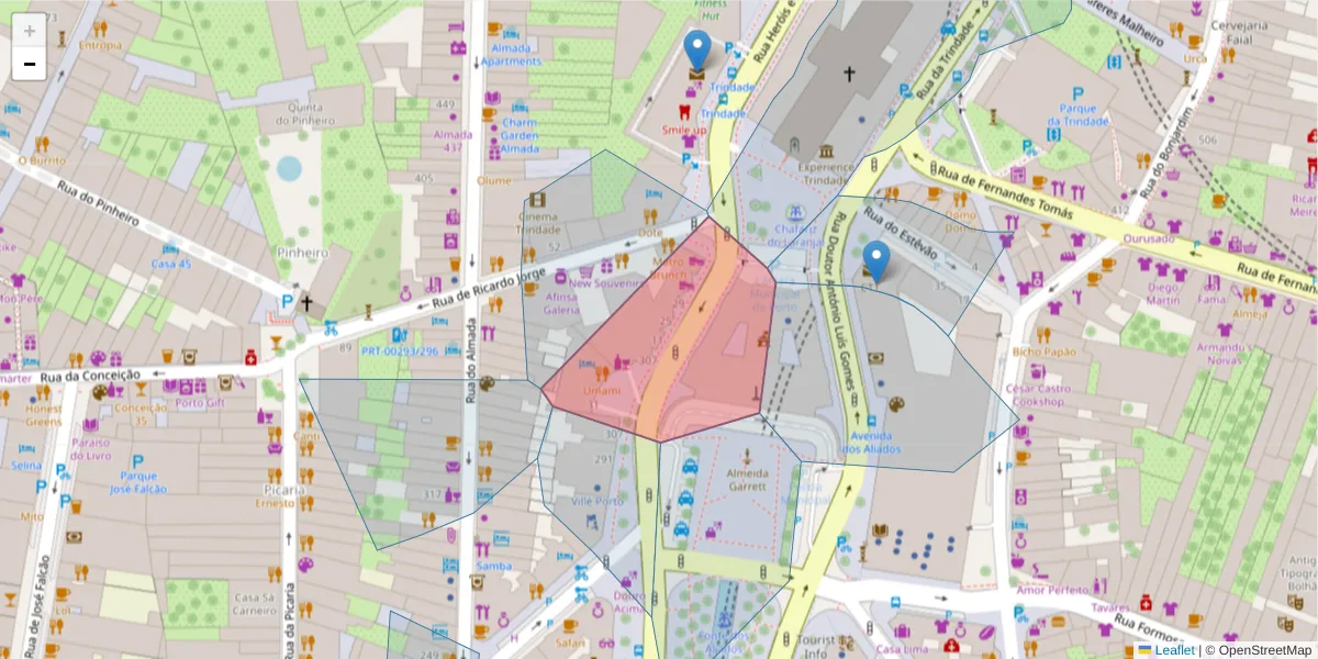 Mapa detalhado do código postal 4000-172 com limites, códigos postais vizinhos e agências dos correios