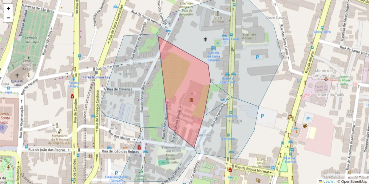 Mapa detalhado do código postal 4000-201 com limites, códigos postais vizinhos e agências dos correios