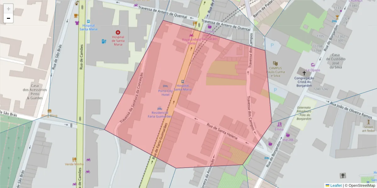 Mapa detalhado do código postal 4000-206 com limites, códigos postais vizinhos e agências dos correios
