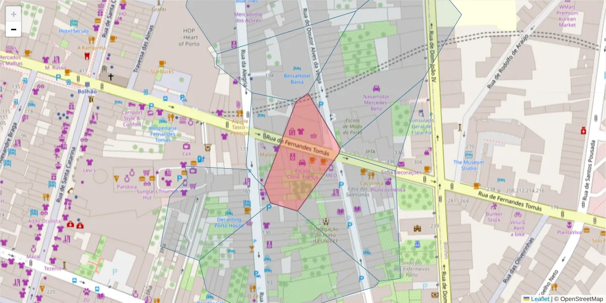 Mapa detalhado do código postal 4000-210 com limites, códigos postais vizinhos e agências dos correios