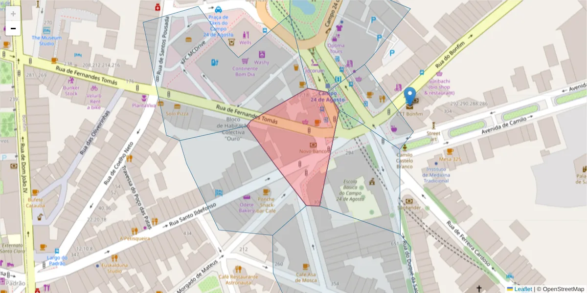 Mapa detalhado do código postal 4000-214 com limites, códigos postais vizinhos e agências dos correios