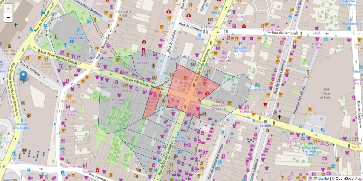 Mapa detalhado do código postal 4000-218 com limites, códigos postais vizinhos e agências dos correios