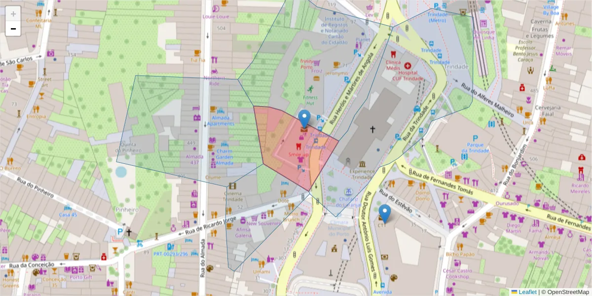 Mapa detalhado do código postal 4000-235 com limites, códigos postais vizinhos e agências dos correios