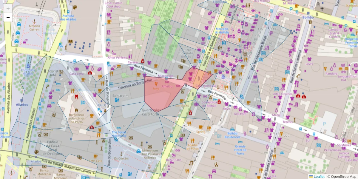 Mapa detalhado do código postal 4000-249 com limites, códigos postais vizinhos e agências dos correios