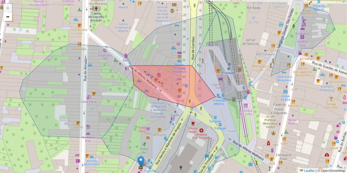 Mapa detalhado do código postal 4000-286 com limites, códigos postais vizinhos e agências dos correios