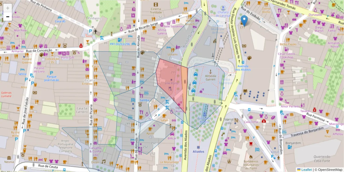 Mapa detalhado do código postal 4000-288 com limites, códigos postais vizinhos e agências dos correios
