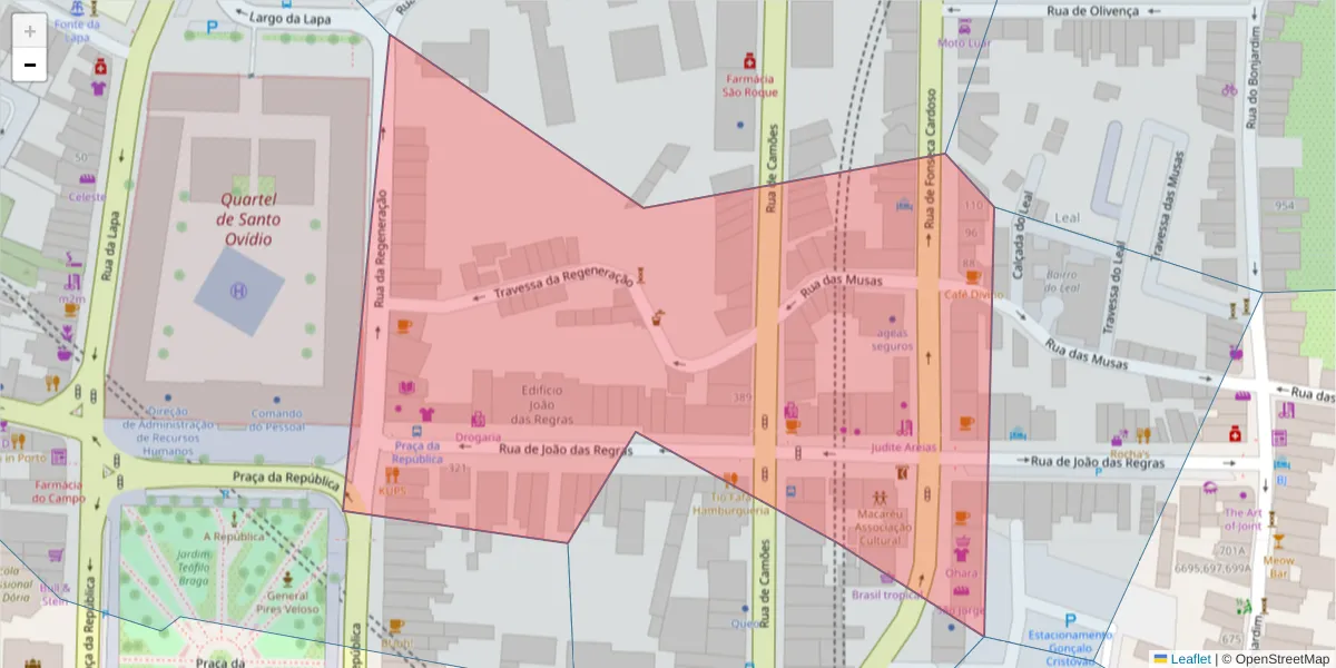 Mapa detalhado do código postal 4000-291 com limites, códigos postais vizinhos e agências dos correios