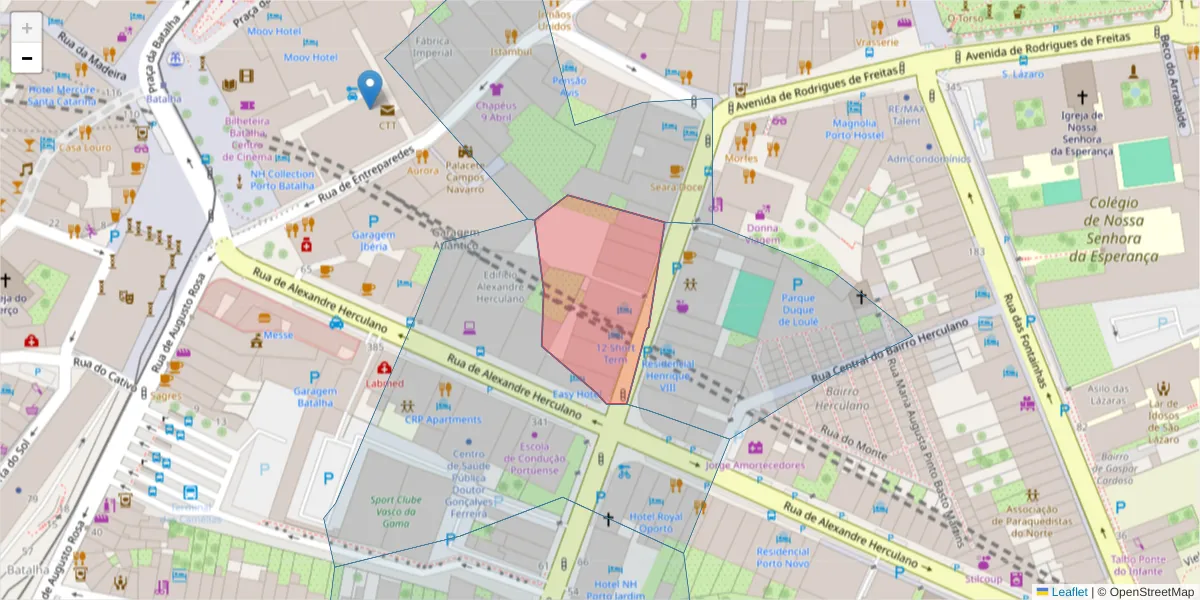 Mapa detalhado do código postal 4000-325 com limites, códigos postais vizinhos e agências dos correios