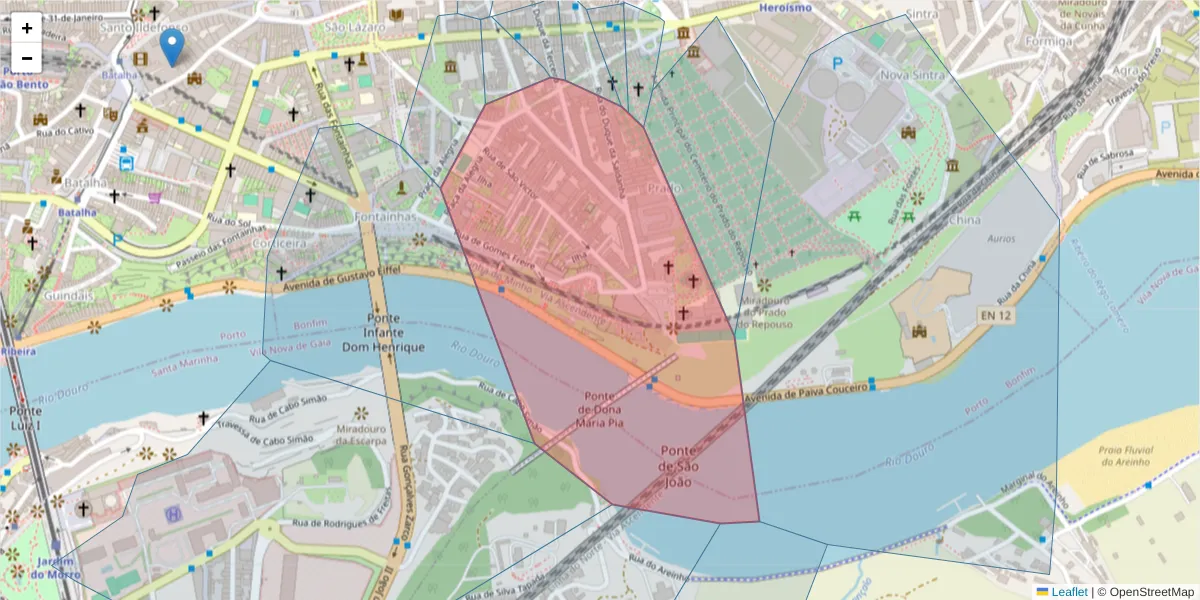Mapa detalhado do código postal 4000-372 com limites, códigos postais vizinhos e agências dos correios