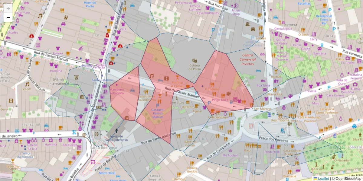 Mapa detalhado do código postal 4000-385 com limites, códigos postais vizinhos e agências dos correios