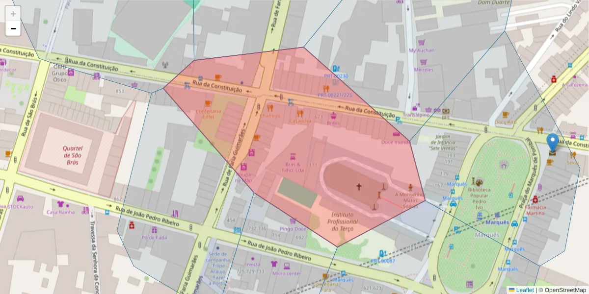 Mapa detalhado do código postal 4000-391 com limites, códigos postais vizinhos e agências dos correios