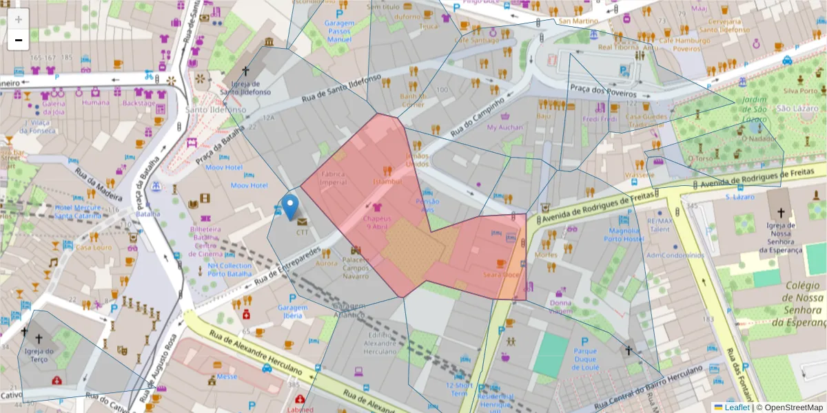 Mapa detalhado do código postal 4000-423 com limites, códigos postais vizinhos e agências dos correios