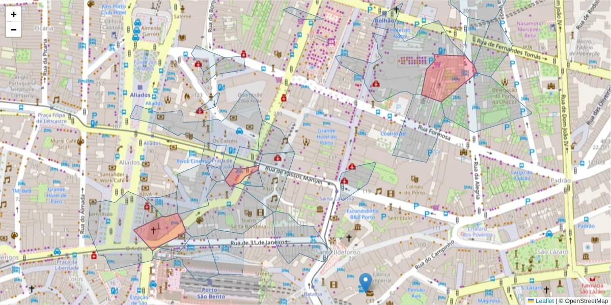 Mapa detalhado do código postal 4000-433 com limites, códigos postais vizinhos e agências dos correios