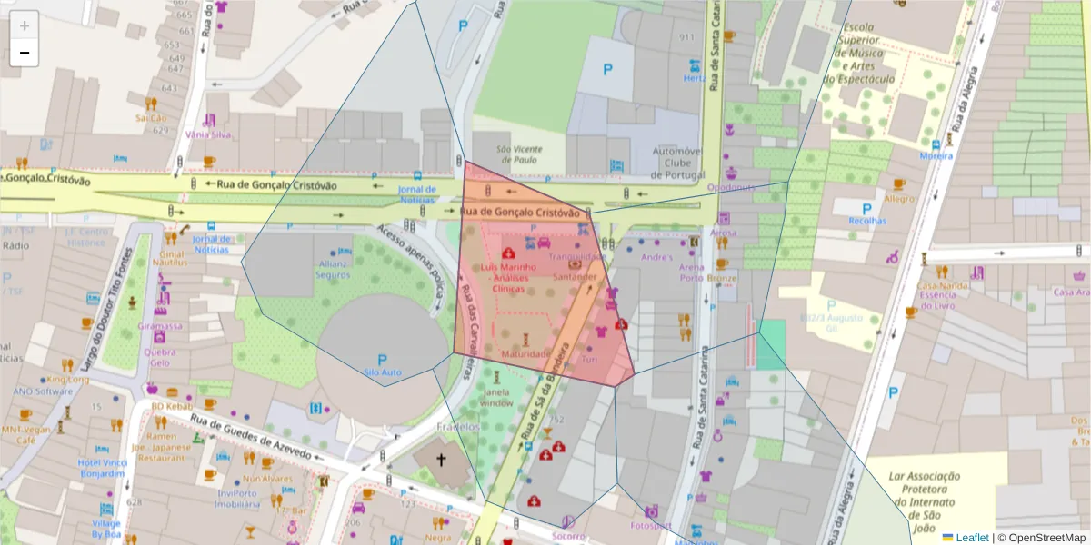 Mapa detalhado do código postal 4000-438 com limites, códigos postais vizinhos e agências dos correios