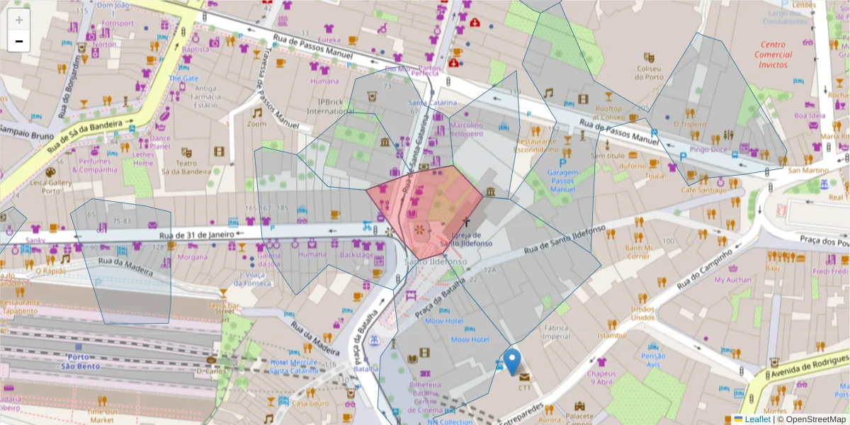 Mapa detalhado do código postal 4000-441 com limites, códigos postais vizinhos e agências dos correios