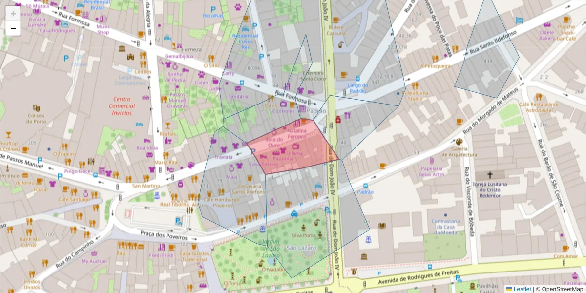 Mapa detalhado do código postal 4000-465 com limites, códigos postais vizinhos e agências dos correios