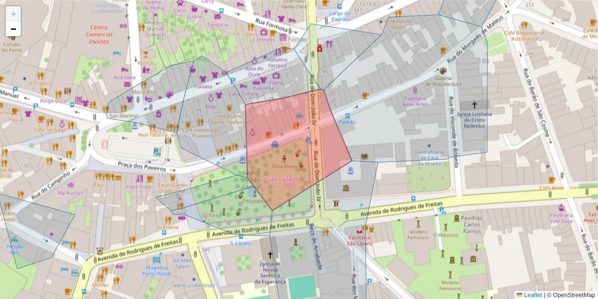 Mapa detalhado do código postal 4000-508 com limites, códigos postais vizinhos e agências dos correios