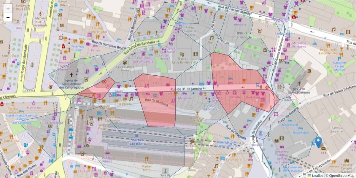 Mapa detalhado do código postal 4000-542 com limites, códigos postais vizinhos e agências dos correios