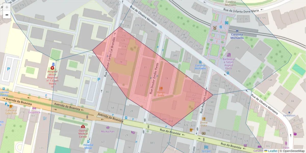 Mapa detalhado do código postal 4050-007 com limites, códigos postais vizinhos e agências dos correios