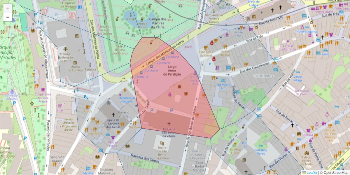 Mapa detalhado do código postal 4050-008 com limites, códigos postais vizinhos e agências dos correios