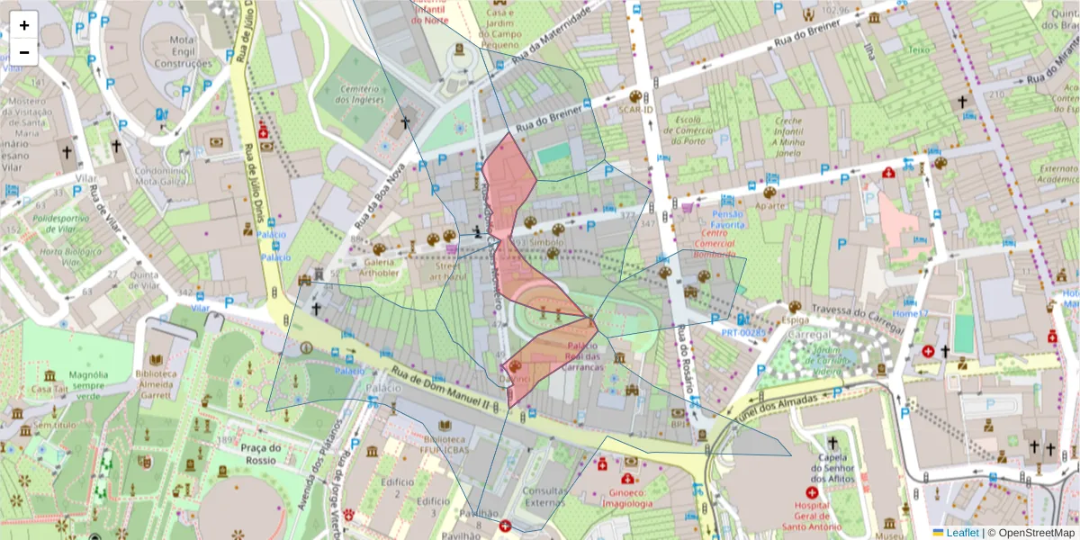 Mapa detalhado do código postal 4050-013 com limites, códigos postais vizinhos e agências dos correios