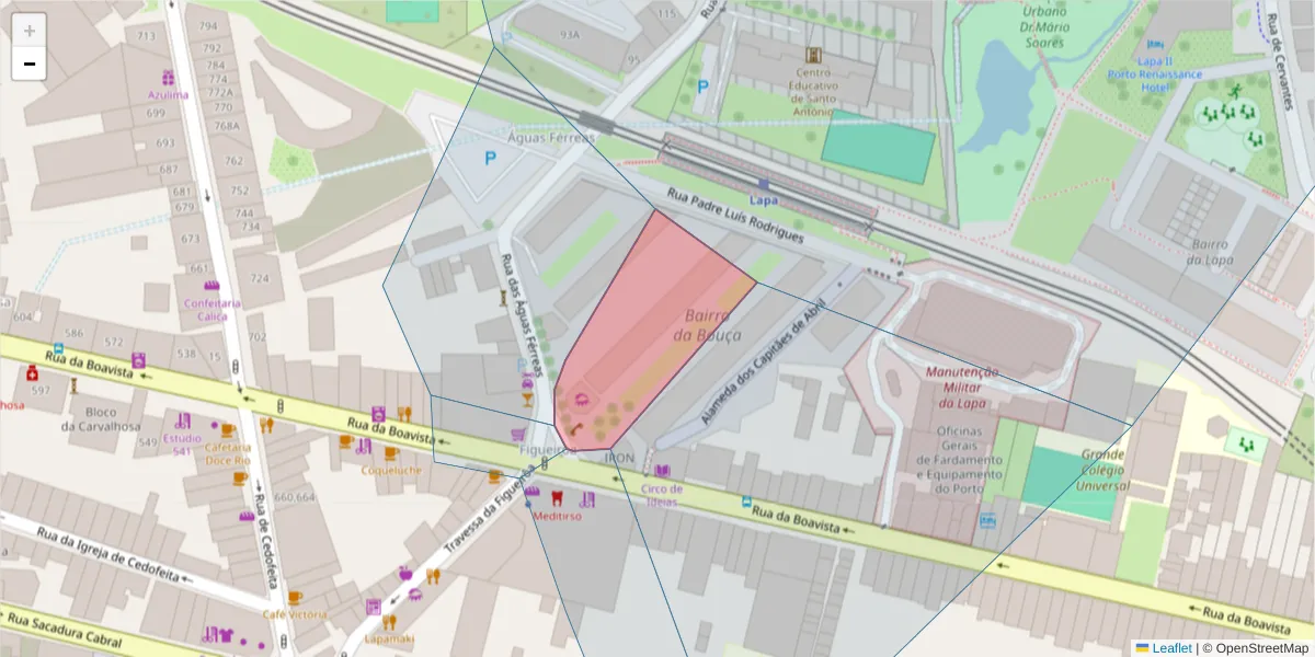Mapa detalhado do código postal 4050-020 com limites, códigos postais vizinhos e agências dos correios