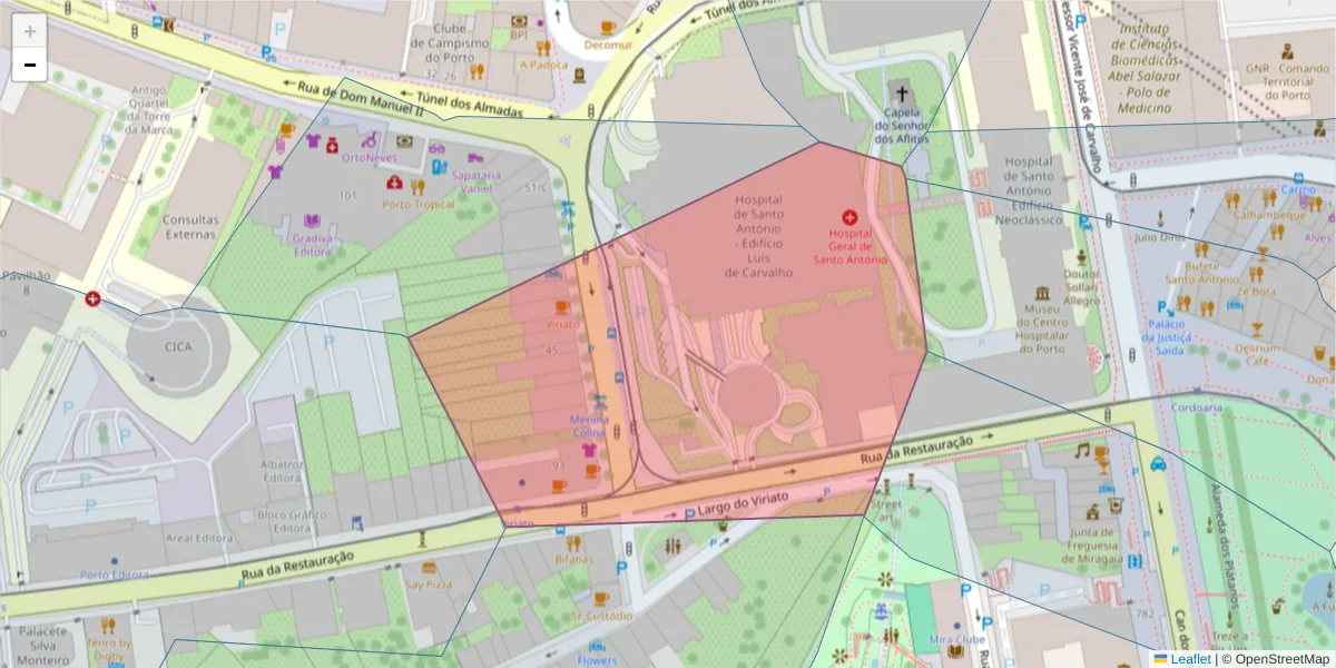 Mapa detalhado do código postal 4050-023 com limites, códigos postais vizinhos e agências dos correios