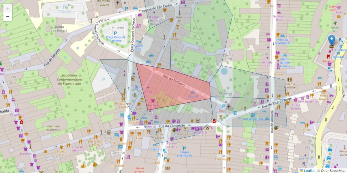 Mapa detalhado do código postal 4050-024 com limites, códigos postais vizinhos e agências dos correios